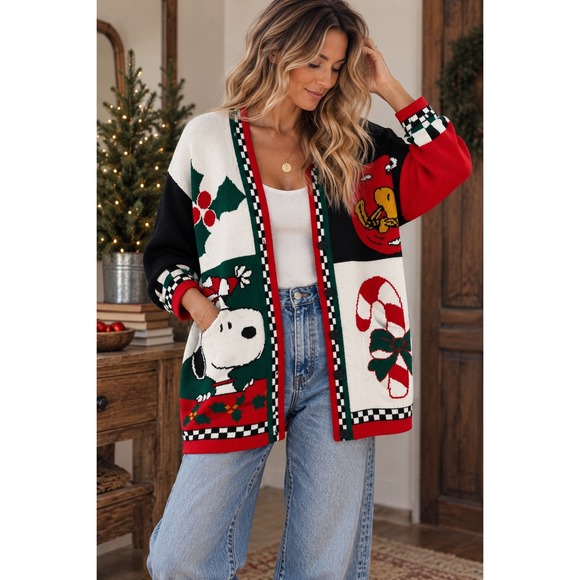 Peanuts Sweaters - Peanuts Snoopy Christmas Cardigan Sweater Colorblock Checkered Trim V-Neck
